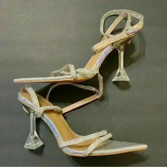 Pointed Toe Heels for Women Ankle Strap Women's Heeled Sandals Glitter Heels - Picture 4 of 9
